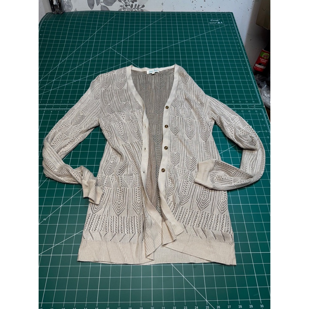 Grace & Lace Pointelle Knit Cardigan Beige Open Weave Button Front Sweater Large